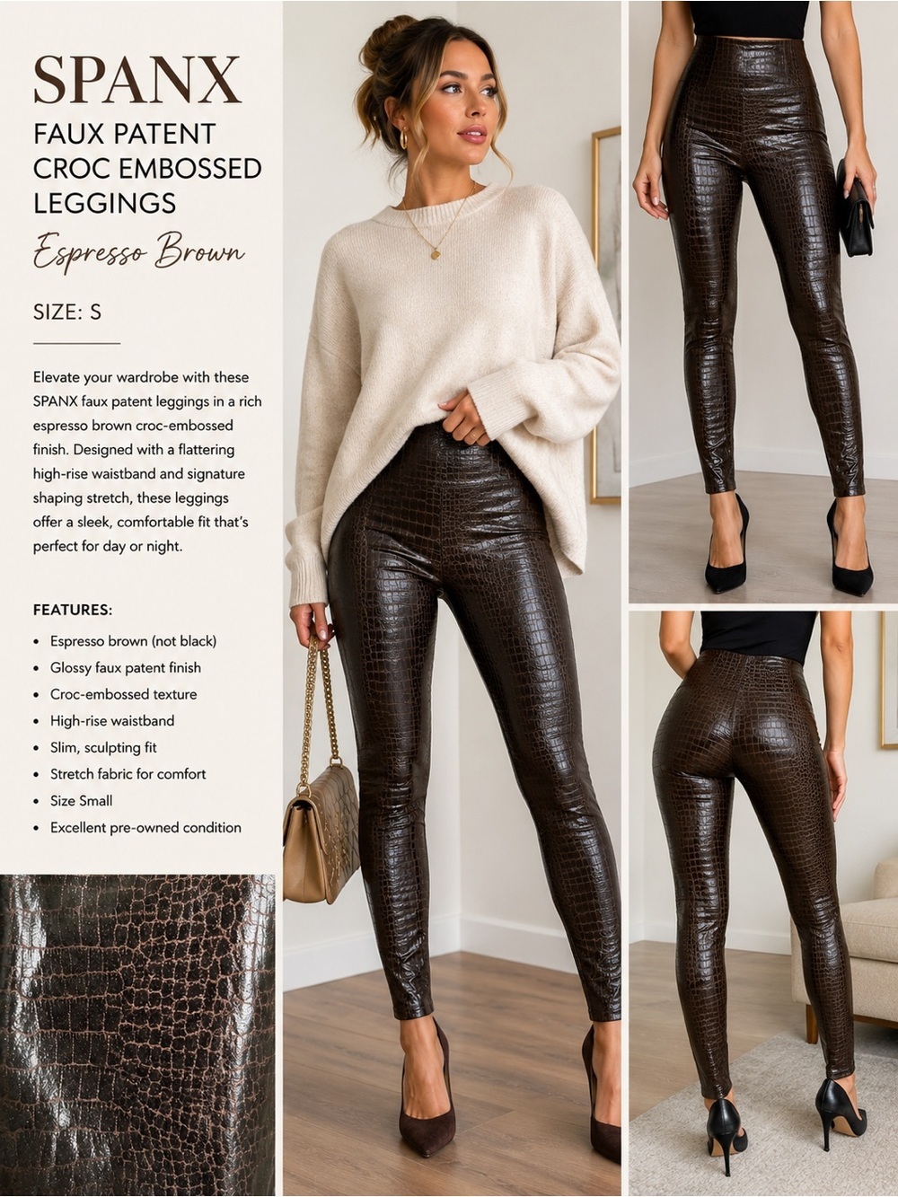 SPANX Faux Patent Croc Embossed Espresso Brown Leggings Size S